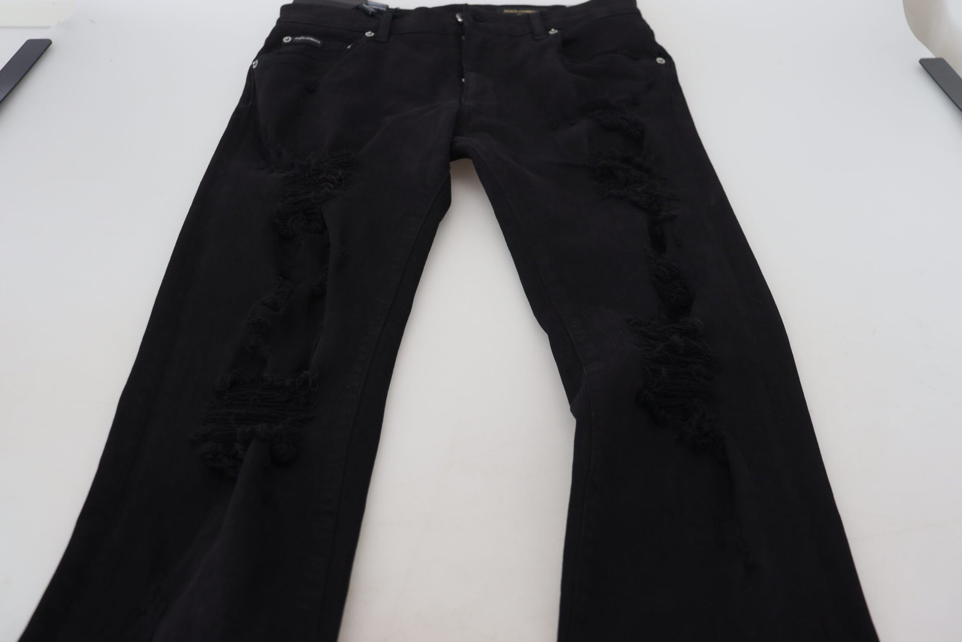 Dolce & Gabbana Black Slim Fit Tattered Denim Cotton Jeans by Dolce & Gabbana