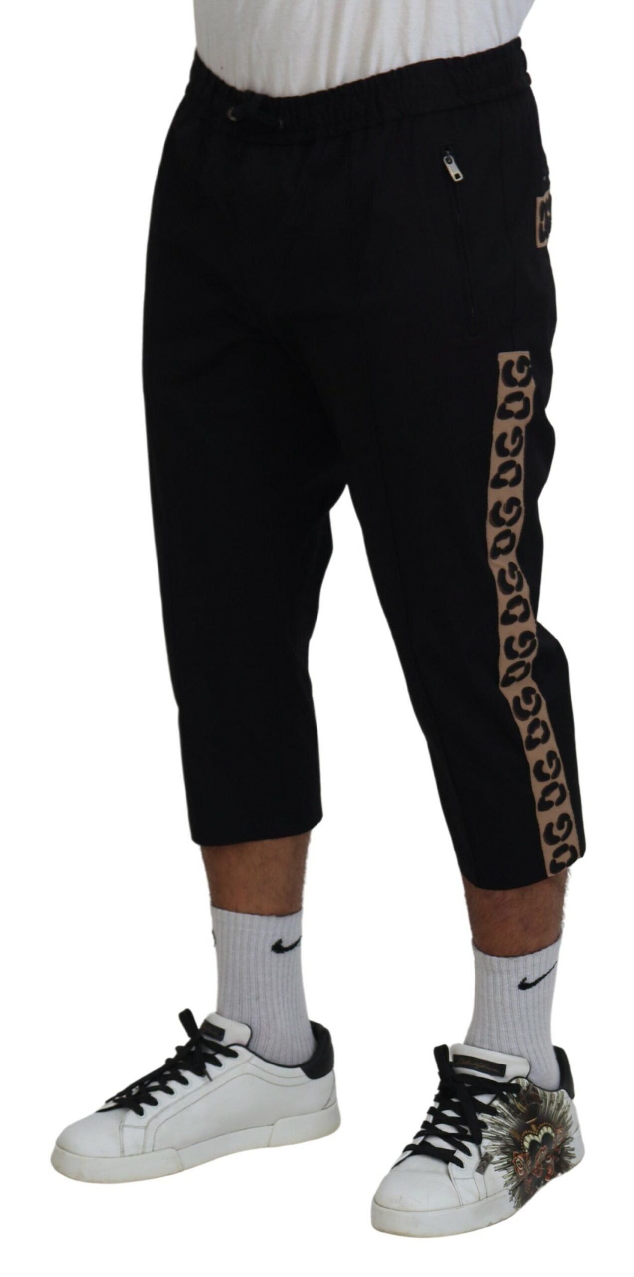 Dolce & Gabbana Black Cotton Elastic Waist DG Logo Cropped Pants by Dolce & Gabbana