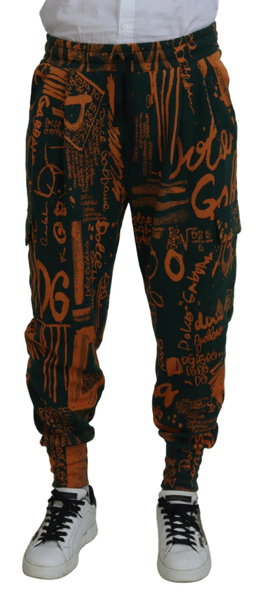 Dolce & Gabbana Multicolor Logo Print Silk Cargo Jogger Pants by Dolce & Gabbana