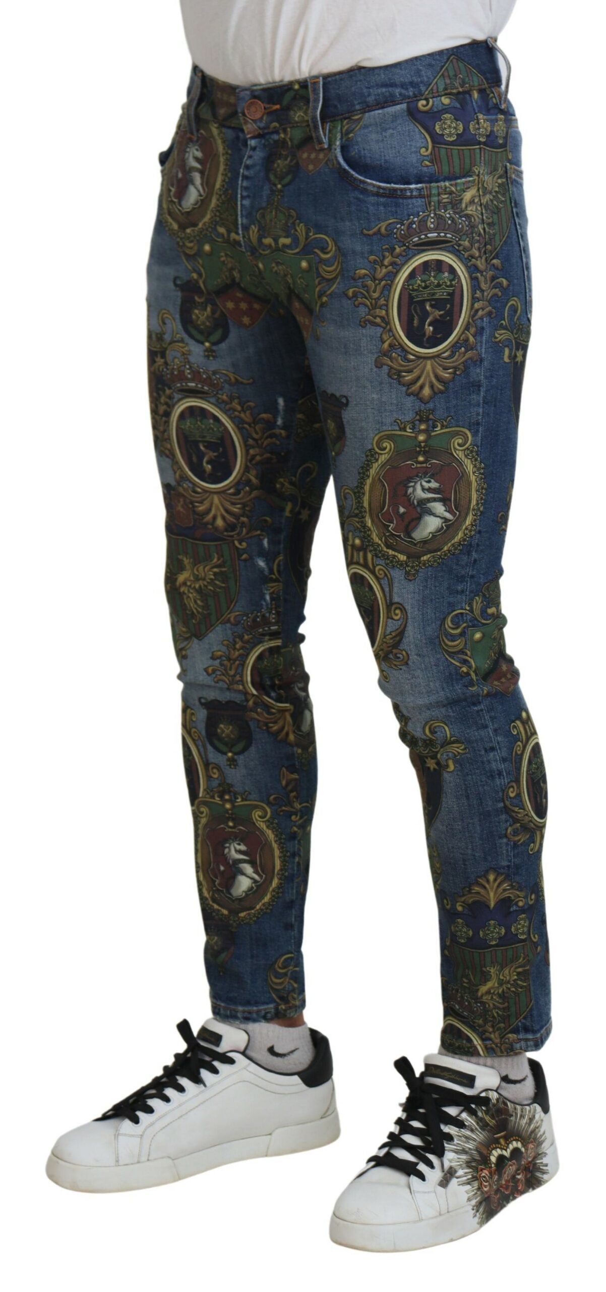 Dolce & Gabbana Blue Medal Print Slim Fit Cotton Jeans by Dolce & Gabbana