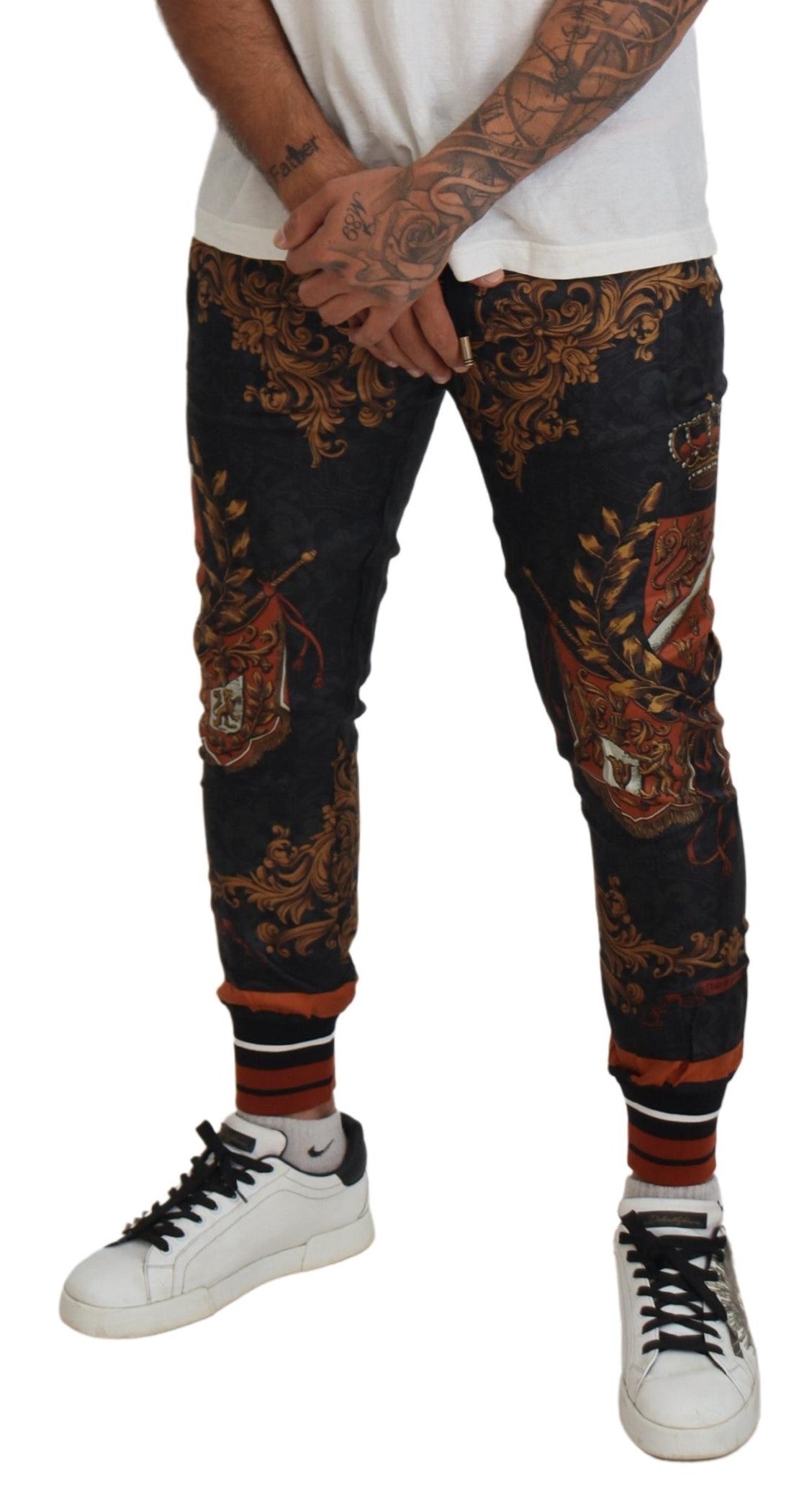 Dolce & Gabbana Gray Silk Baroque Crown Trousers Sport Pants by Dolce & Gabbana