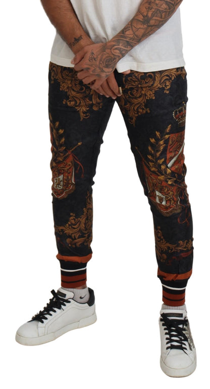 Dolce & Gabbana Gray Silk Baroque Crown Trousers Sport Pants by Dolce & Gabbana