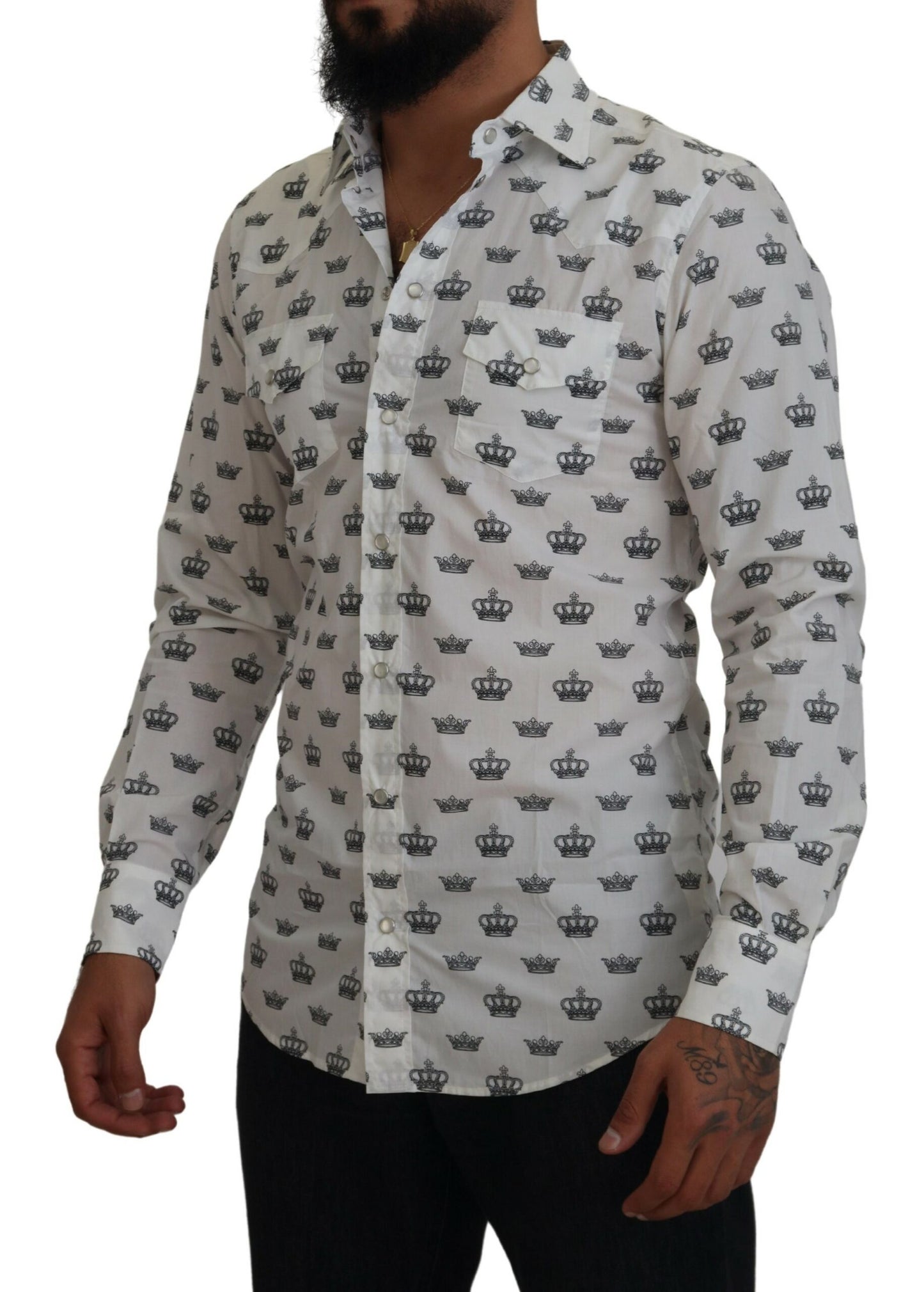 Dolce & Gabbana White Crown Print Slim Fit Cotton Shirt by Dolce & Gabbana