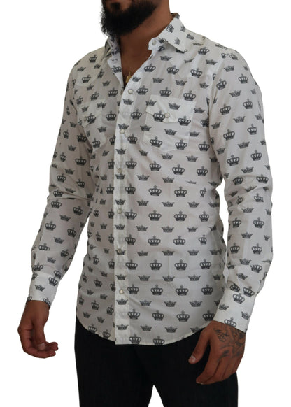 Dolce & Gabbana White Crown Print Slim Fit Cotton Shirt by Dolce & Gabbana