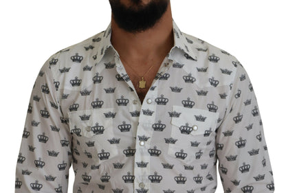 Dolce & Gabbana White Crown Print Slim Fit Cotton Shirt by Dolce & Gabbana