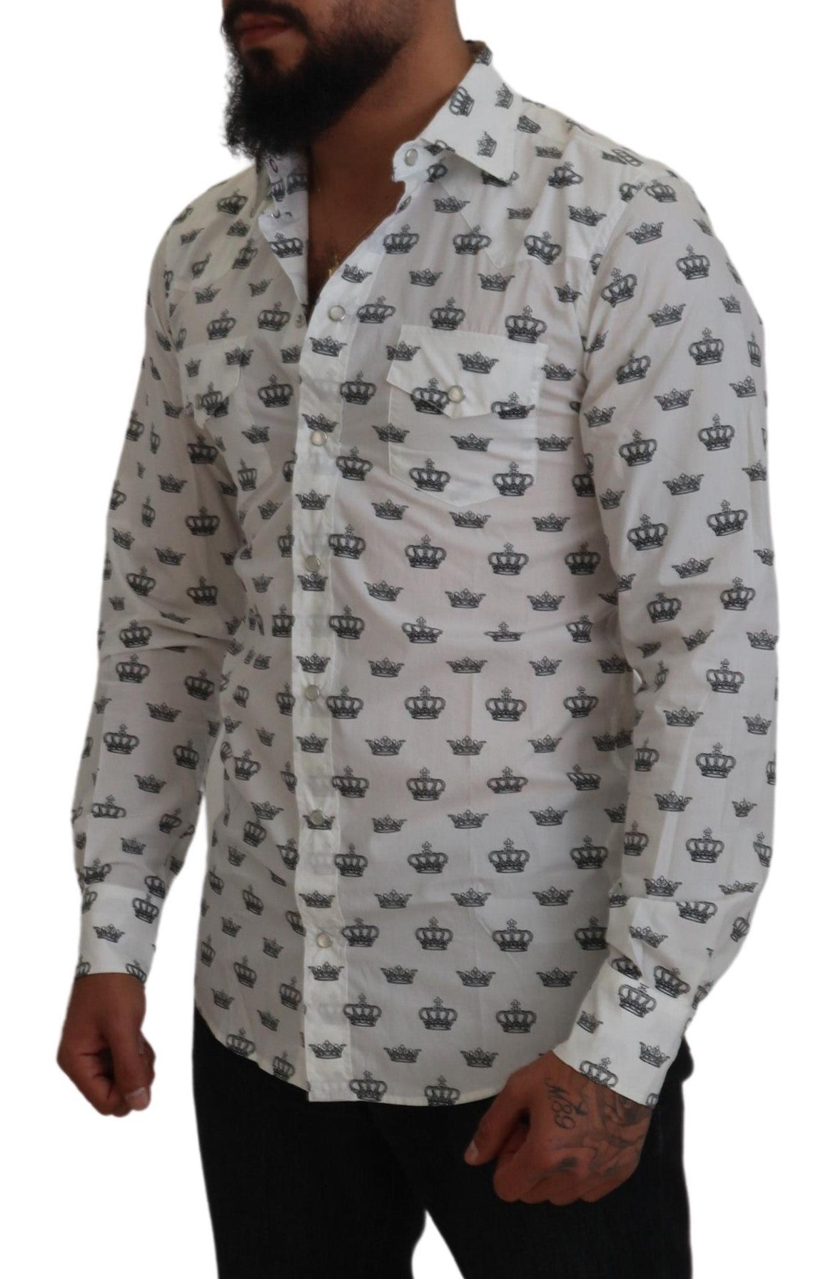 Dolce & Gabbana White Crown Print Slim Fit Cotton Shirt by Dolce & Gabbana