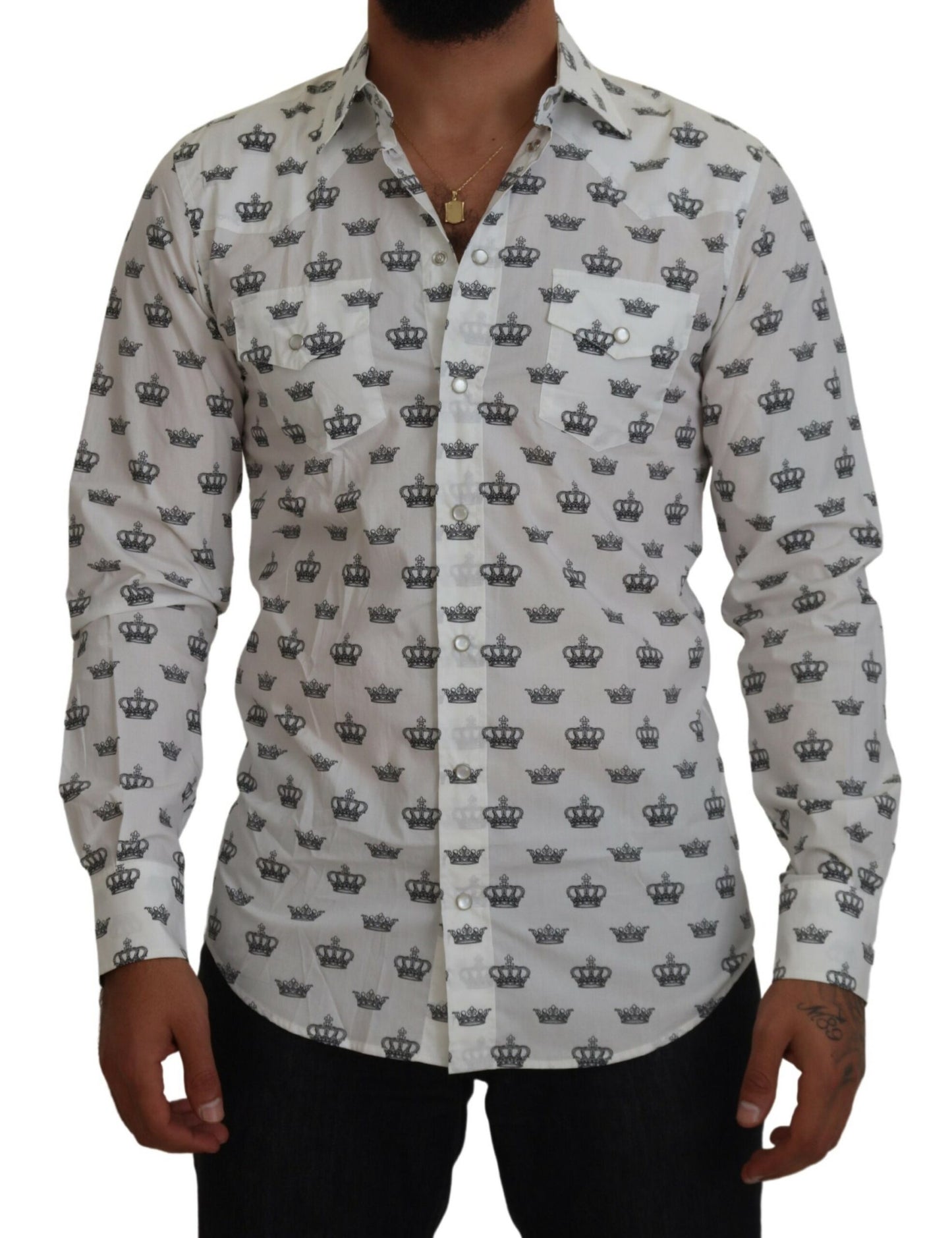 Dolce & Gabbana White Crown Print Slim Fit Cotton Shirt by Dolce & Gabbana
