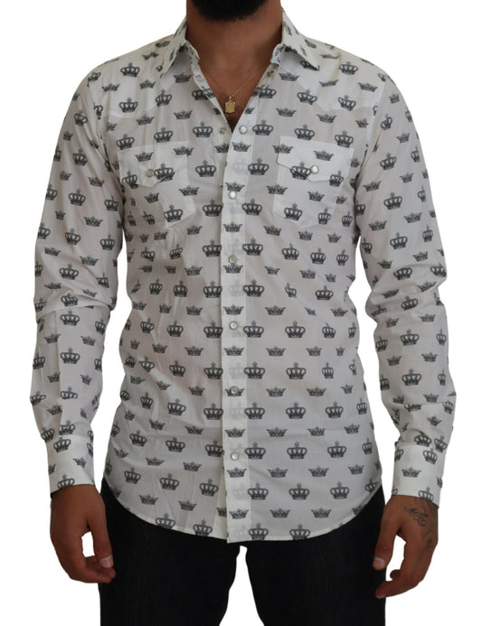 Dolce & Gabbana White Crown Print Slim Fit Cotton Shirt by Dolce & Gabbana