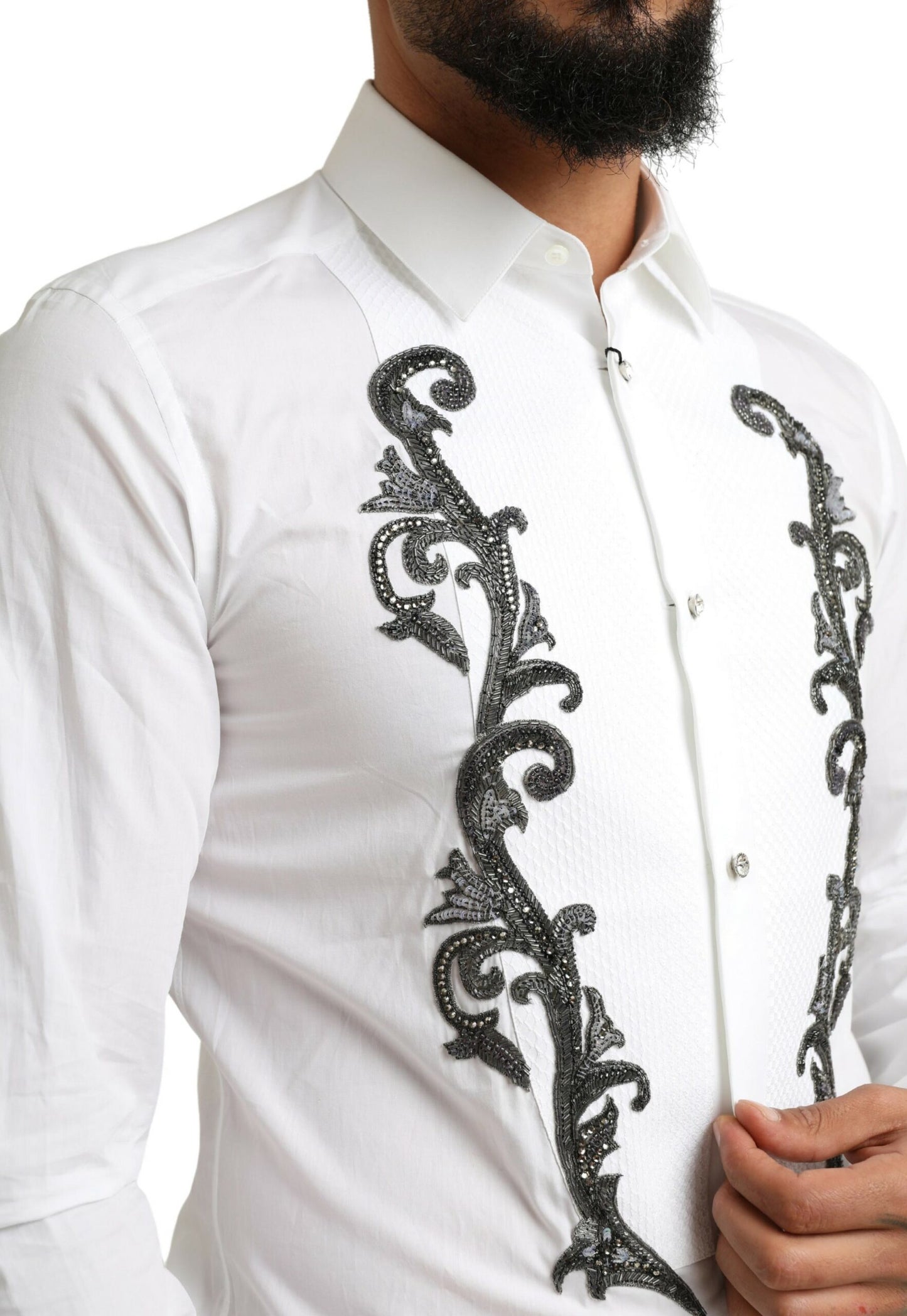 Dolce & Gabbana White Tuxedo Slim Fit Baroque Shirt by Dolce & Gabbana