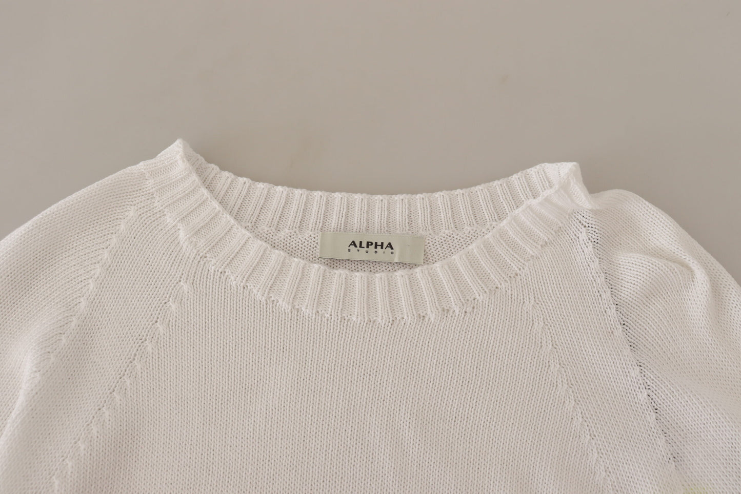 Alpha Studio White Long Sleeves Crewneck Pullover Sweater by Alpha Studio