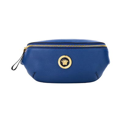 Petit sac banane Versace en cuir de veau bleu marine avec pendentif Medusa
