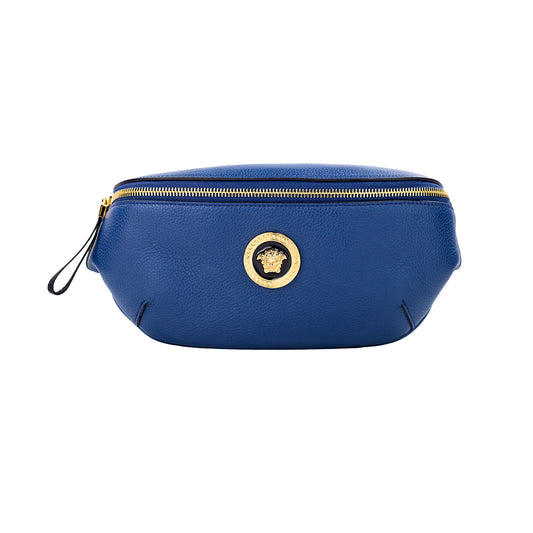 Petit sac banane Versace en cuir de veau bleu marine avec pendentif Medusa