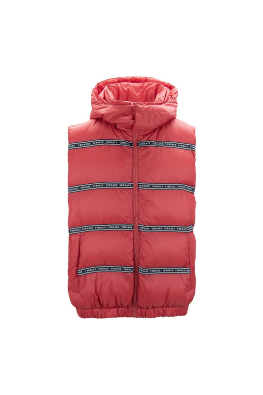 Élégant gilet rouge avec logo Versace et capuche amovible