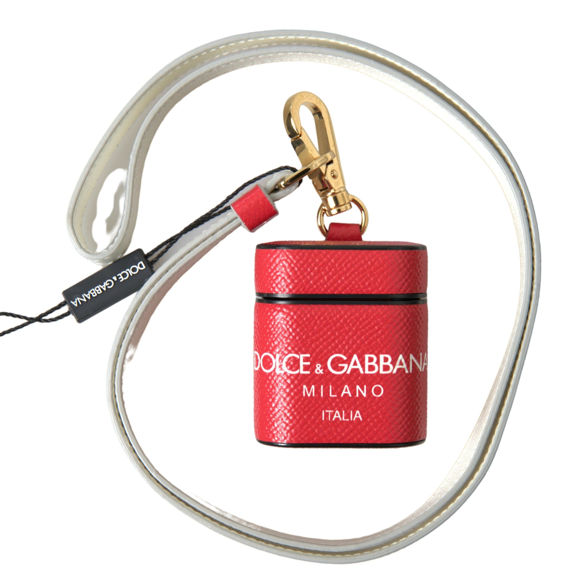 Dolce & Gabbana Red Leather Gold Tone Metal Logo Print Airpods Case by Dolce & Gabbana