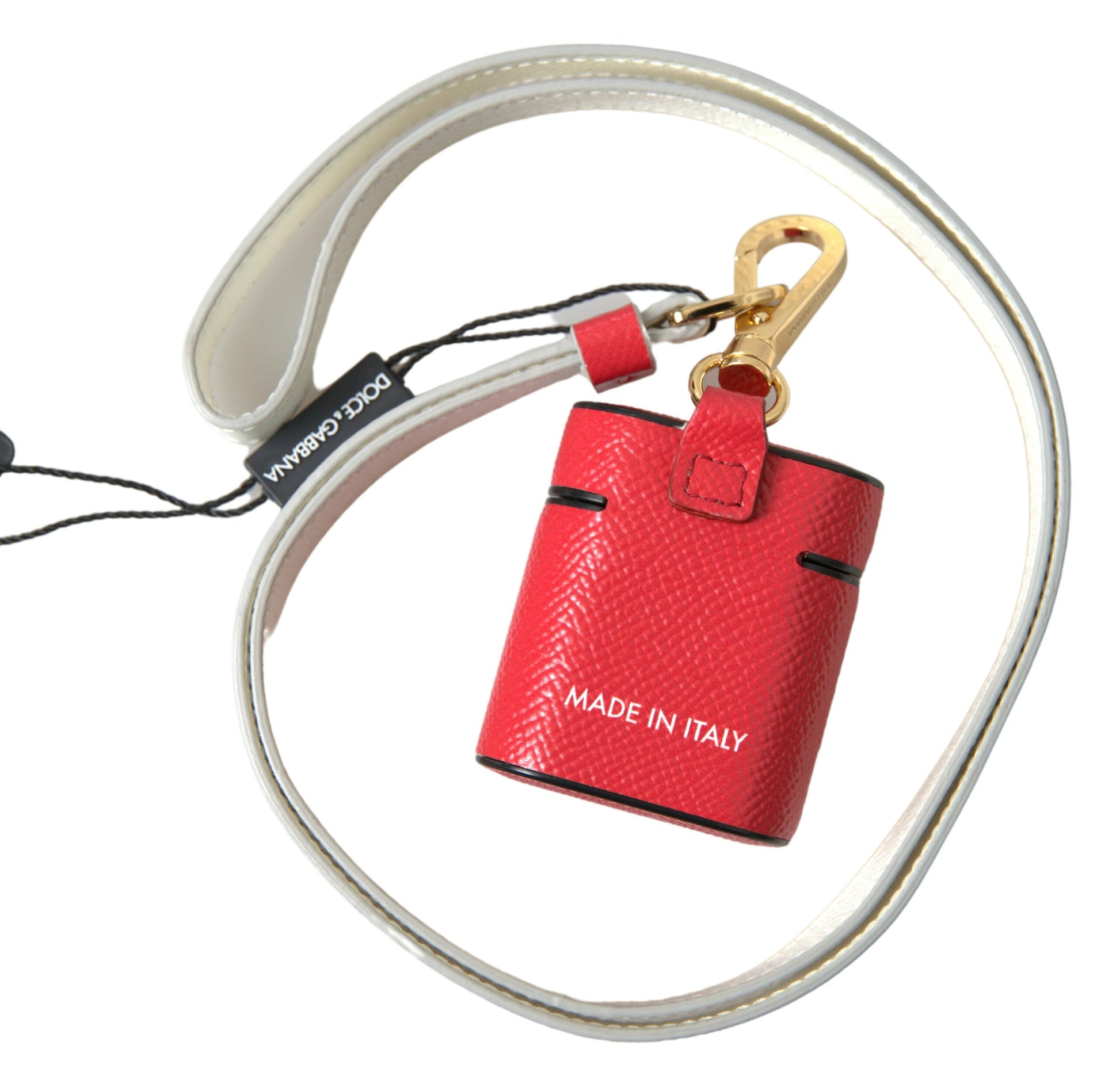 Dolce & Gabbana Red Leather Gold Tone Metal Logo Print Airpods Case by Dolce & Gabbana