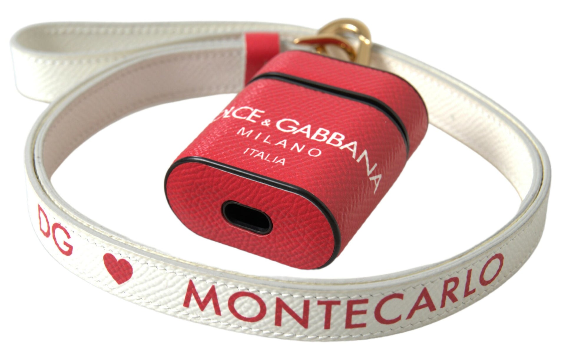 Dolce & Gabbana Red Leather Gold Tone Metal Logo Print Strap Airpods Case by Dolce & Gabbana