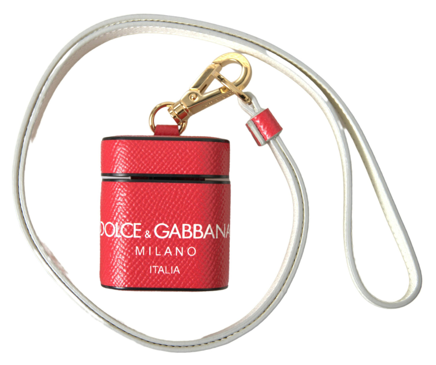 Dolce & Gabbana Red Leather Gold Tone Metal Logo Print Strap Airpods Case by Dolce & Gabbana