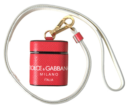Dolce & Gabbana Red Leather Gold Tone Metal Logo Print Strap Airpods Case by Dolce & Gabbana