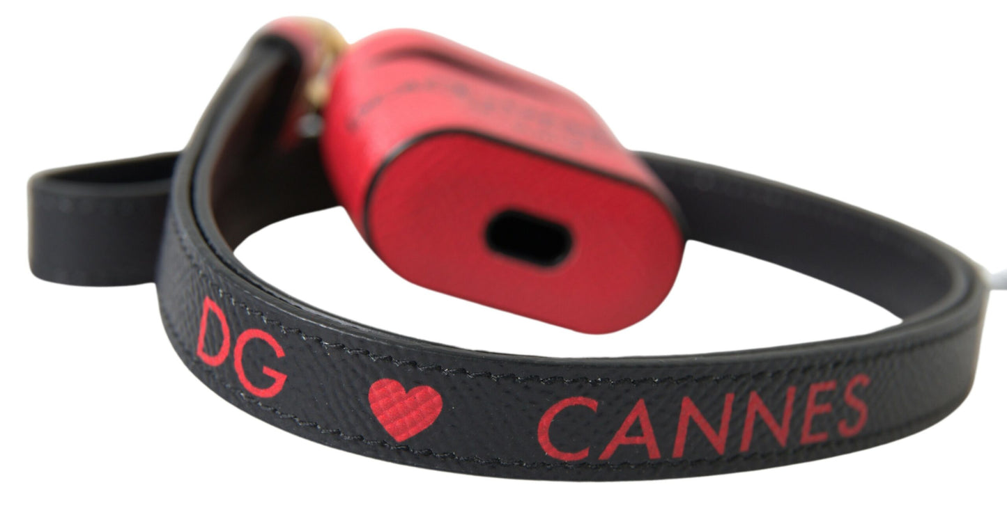 Dolce & Gabbana Red Black Calf Leather Logo Print Strap Airpods Case by Dolce & Gabbana