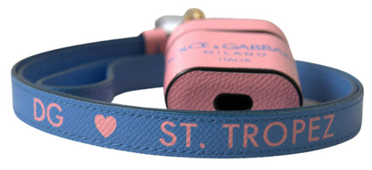 Dolce & Gabbana Pink Blue Calf Leather Logo Print Strap Airpods Case by Dolce & Gabbana