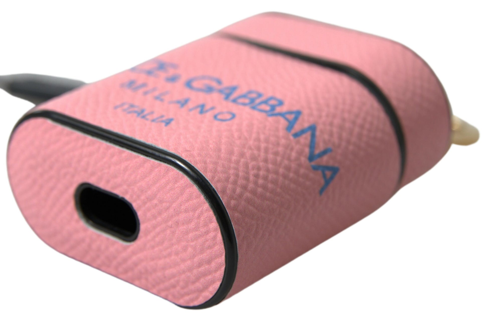Dolce & Gabbana Pink Blue Calf Leather Logo Print Strap Airpods Case by Dolce & Gabbana