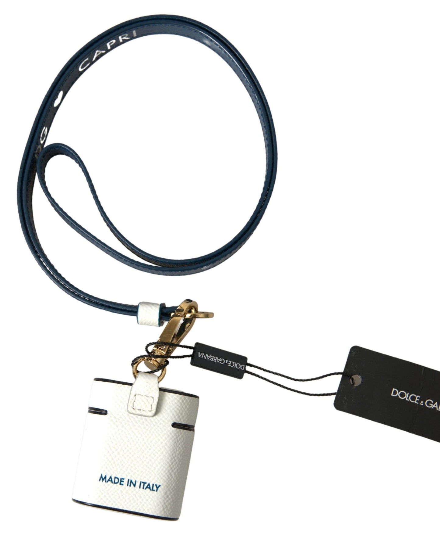 Dolce & Gabbana White Blue Calf Leather Logo Print Strap Airpods Case by Dolce & Gabbana
