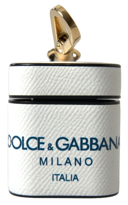 Dolce & Gabbana White Blue Calf Leather Logo Print Strap Airpods Case by Dolce & Gabbana