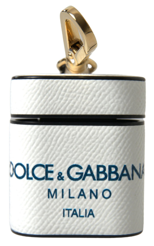 Dolce & Gabbana White Blue Calf Leather Logo Print Strap Airpods Case by Dolce & Gabbana