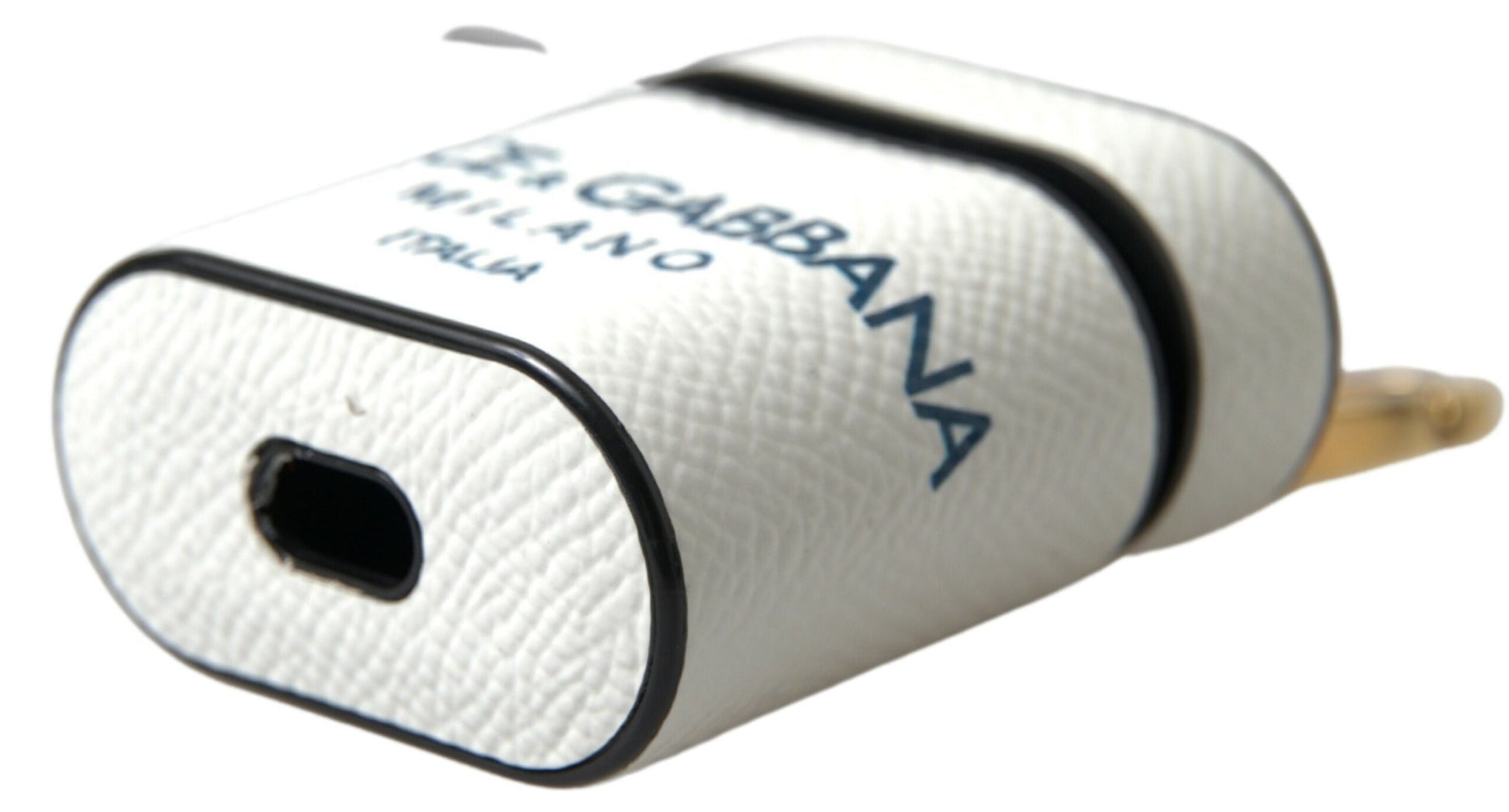 Dolce & Gabbana White Blue Calf Leather Logo Print Strap Airpods Case by Dolce & Gabbana