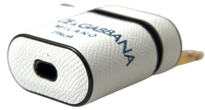Dolce & Gabbana White Blue Calf Leather Logo Print Strap Airpods Case by Dolce & Gabbana