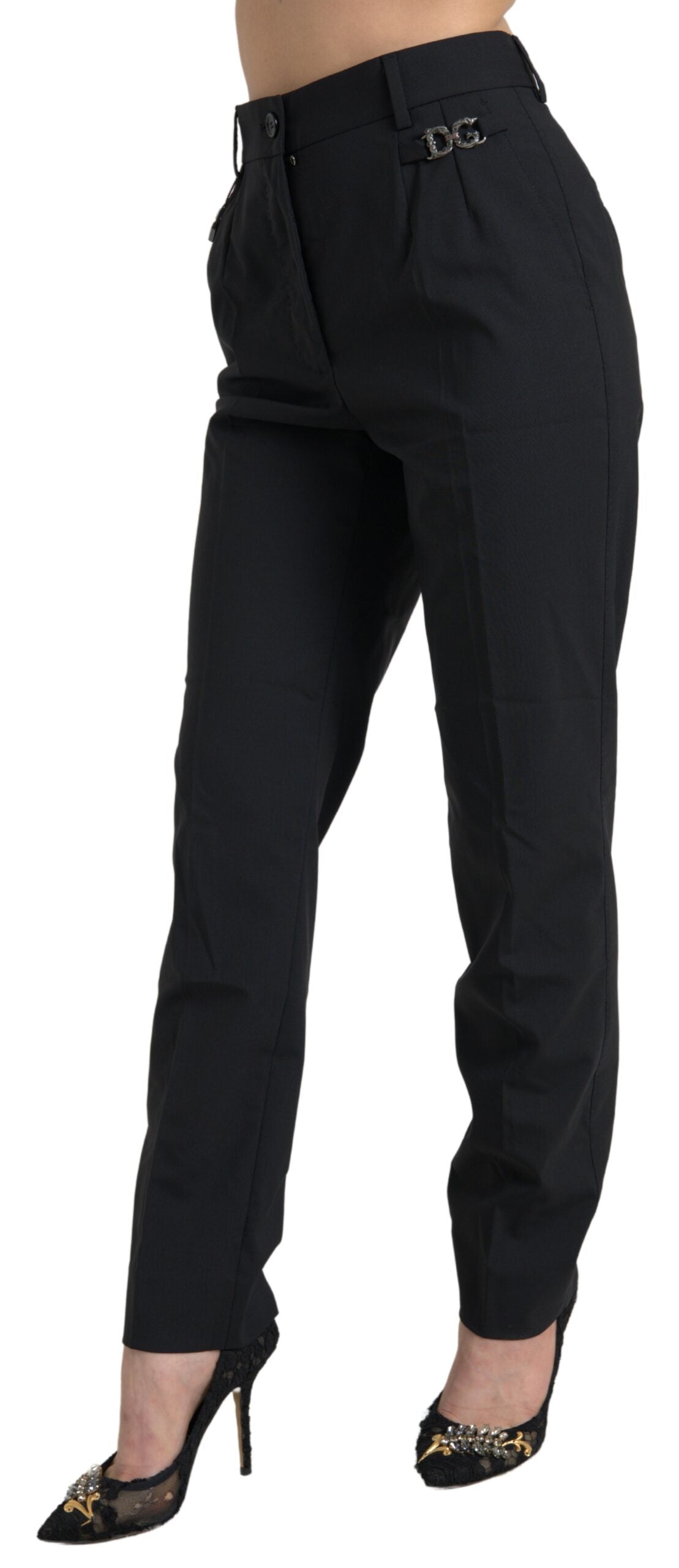 Dolce & Gabbana Black Wool High Waist Tapered Pants by Dolce & Gabbana