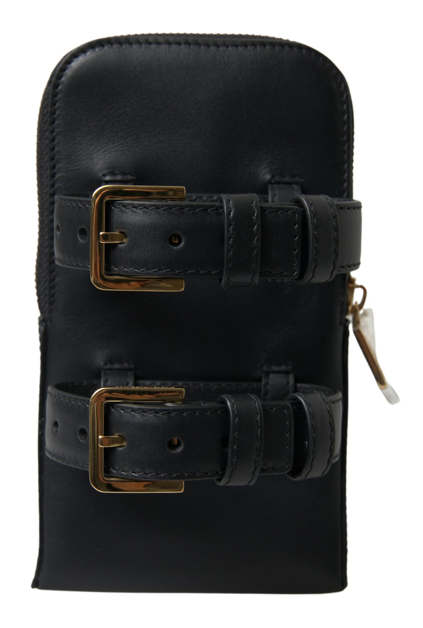 Dolce &amp; Gabbana Black Leather Men Purse Double Belt Strap Bracelet Bag