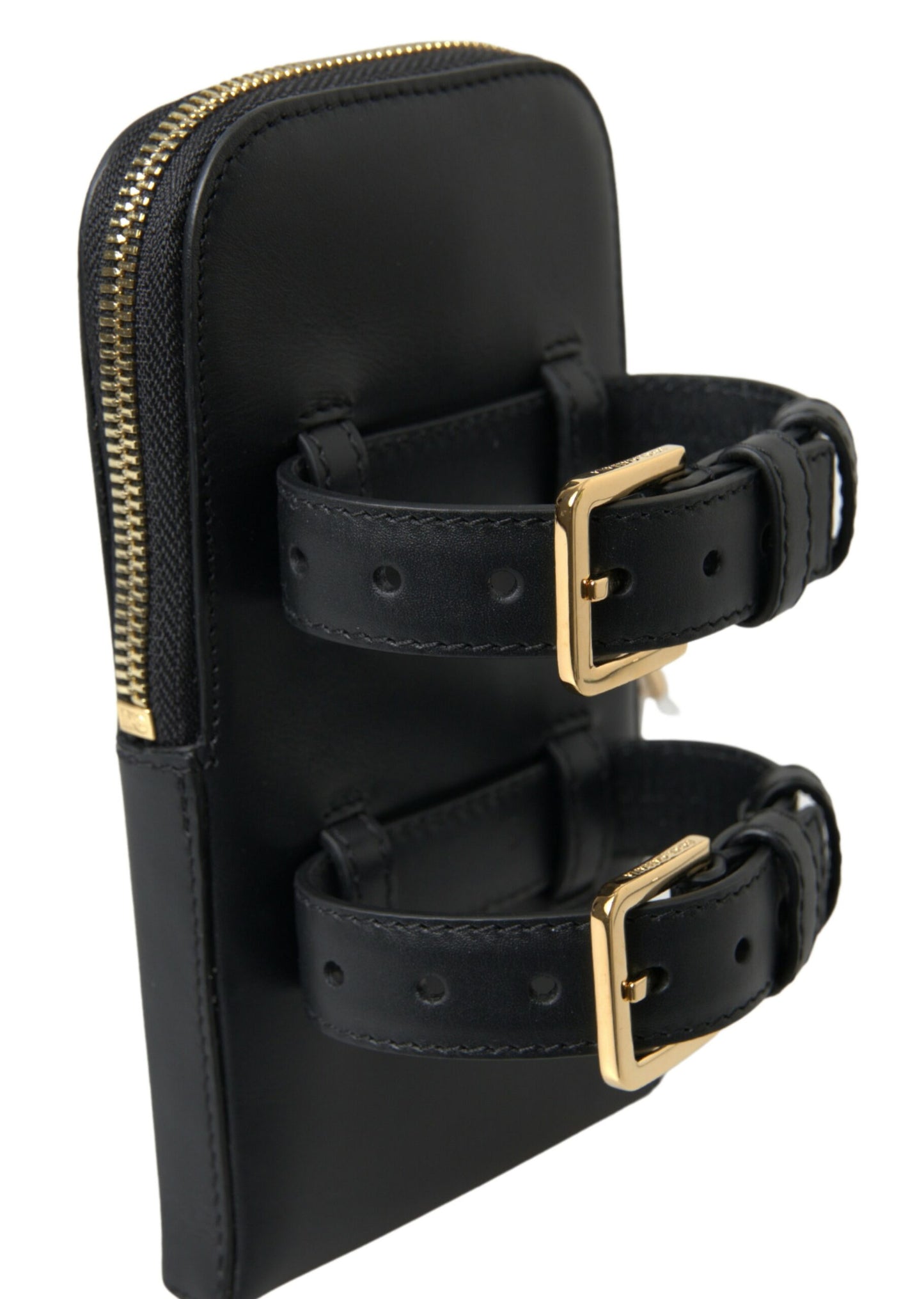 Dolce &amp; Gabbana Black Leather Men Purse Double Belt Strap Bracelet Bag