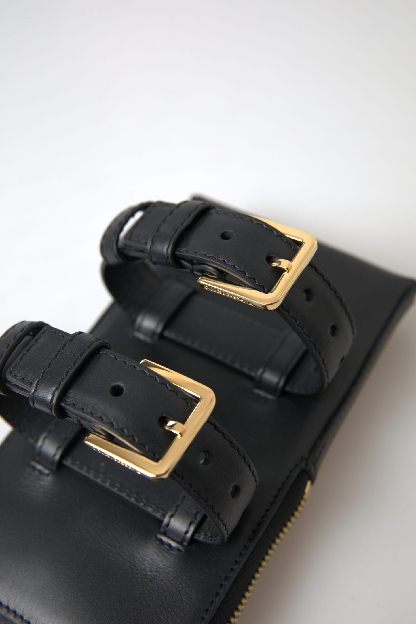 Dolce &amp; Gabbana Black Leather Men Purse Double Belt Strap Bracelet Bag