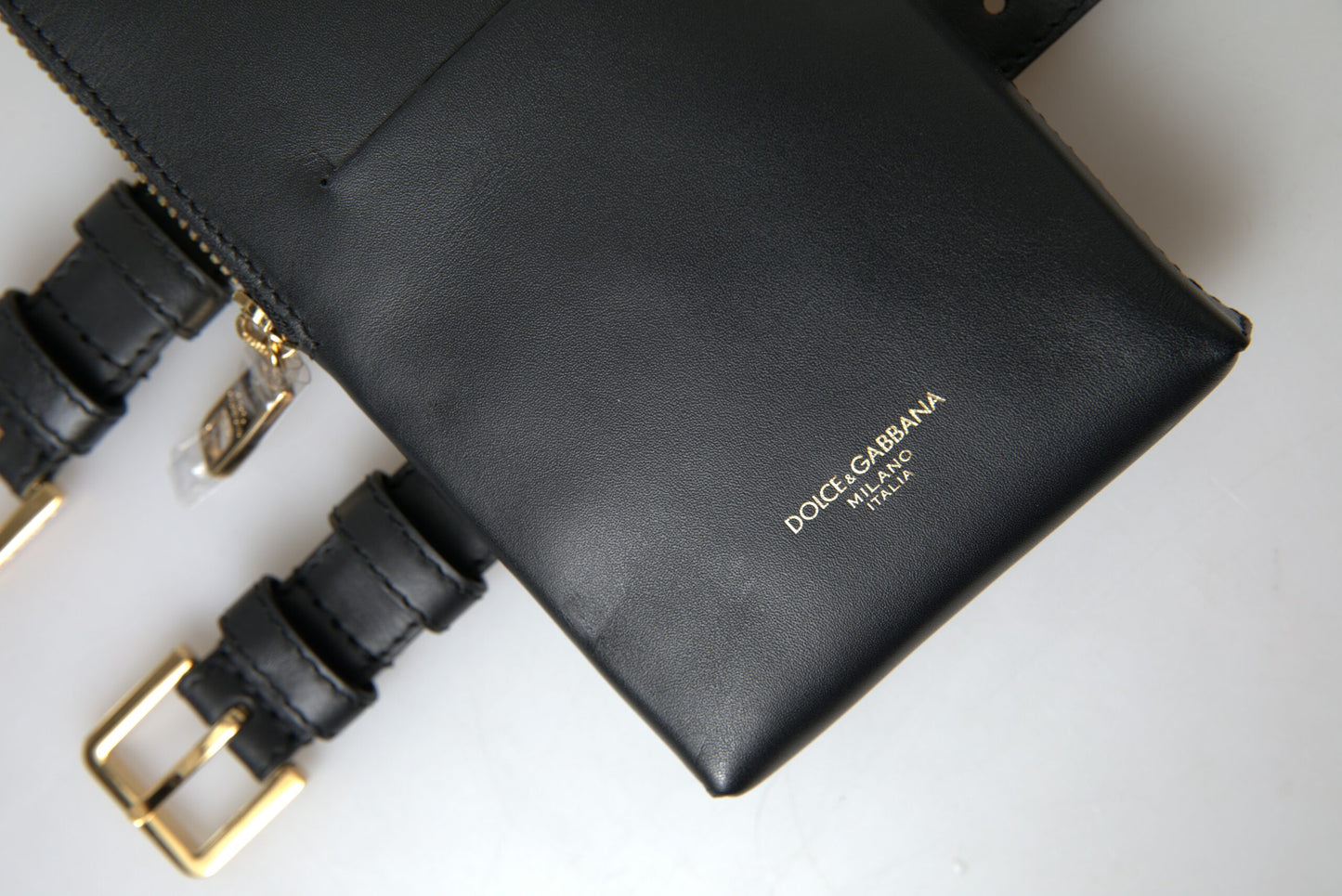 Dolce &amp; Gabbana Black Leather Men Purse Double Belt Strap Bracelet Bag