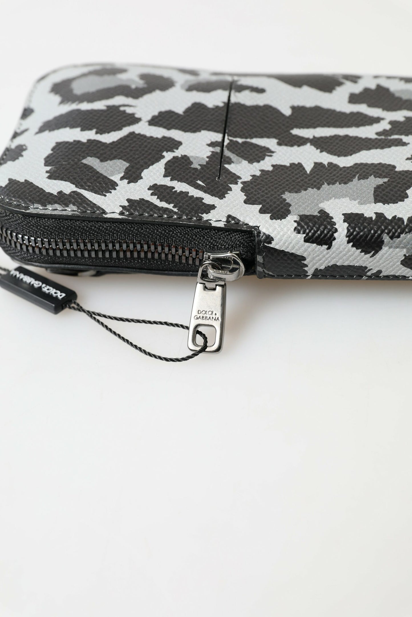 Dolce &amp; Gabbana Gray Leopard Leather Men Purse Crossbody Sling Phone Bag