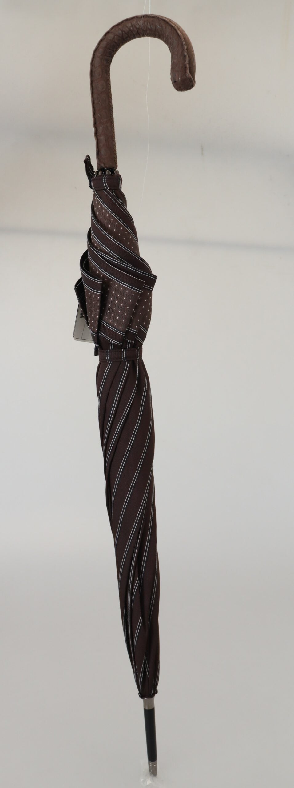 Dolce &amp; Gabbana Brown Striped Leather Handle Collapsible Sartoria Umbrella