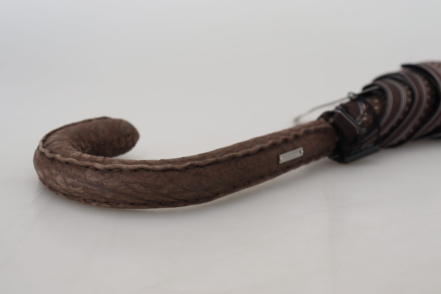 Dolce &amp; Gabbana Brown Striped Leather Handle Collapsible Sartoria Umbrella