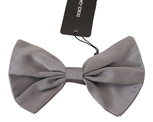 Dolce &amp; Gabbana Bow Tie Men Silver Gray Silk Adjustable Neck Papillon