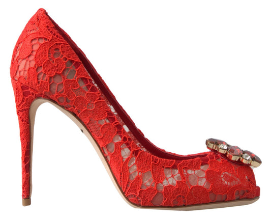 Dolce &amp; Gabbana Red Taormina Lace Crystal Heels Pumps Shoes