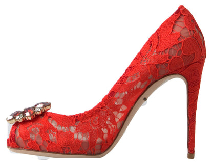 Dolce &amp; Gabbana Red Taormina Lace Crystal Heels Pumps Shoes