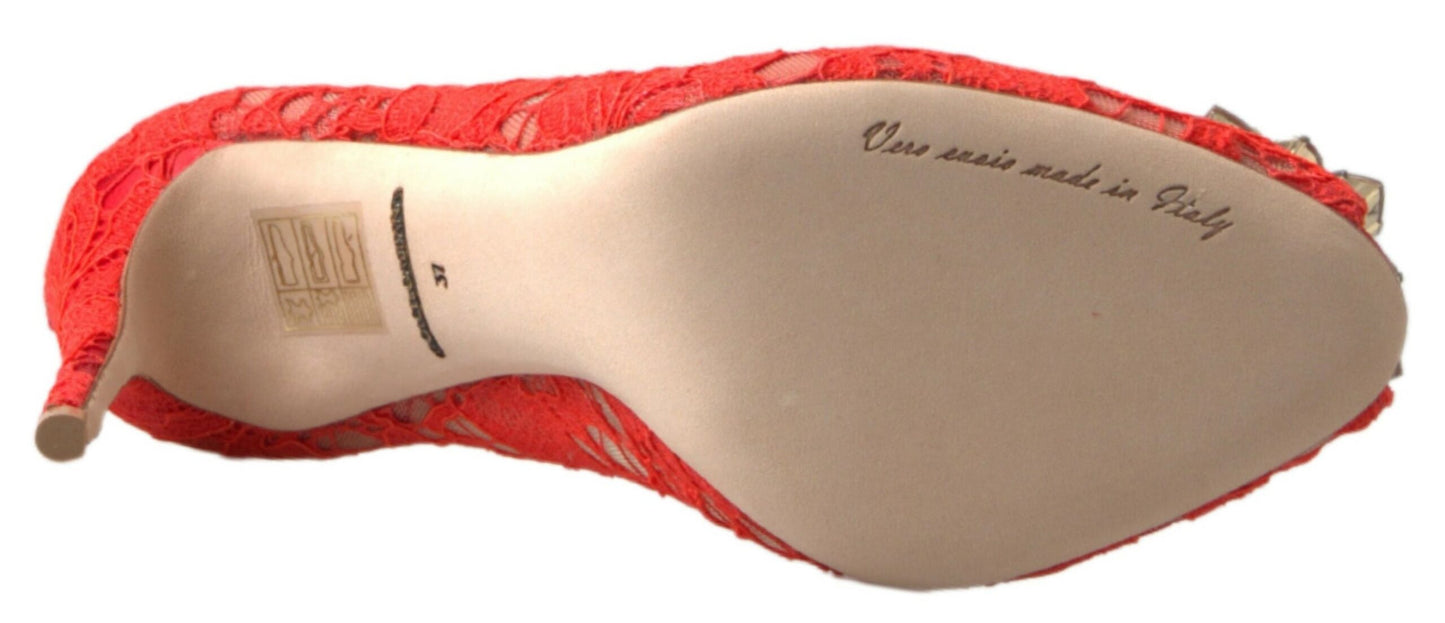 Dolce &amp; Gabbana Red Taormina Lace Crystal Heels Pumps Shoes