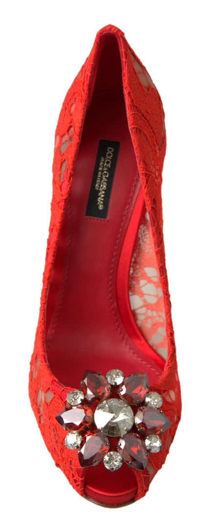 Dolce &amp; Gabbana Red Taormina Lace Crystal Heels Pumps Shoes