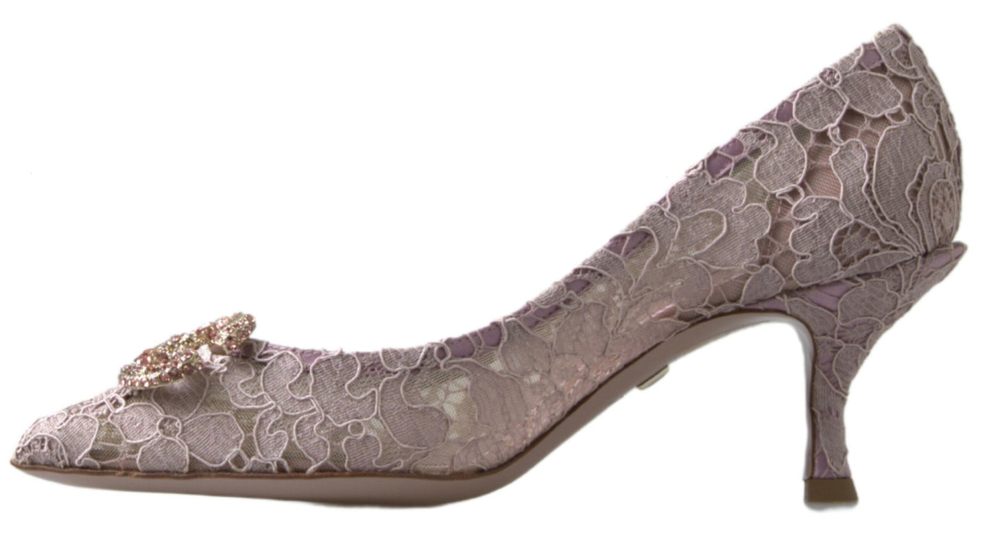 Dolce &amp; Gabbana Pink Floral Lace DG Crystal Pumps Shoes