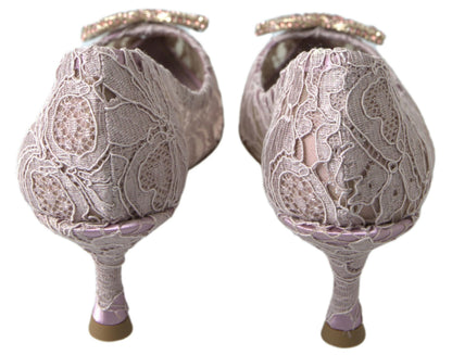 Dolce &amp; Gabbana Pink Floral Lace DG Crystal Pumps Shoes