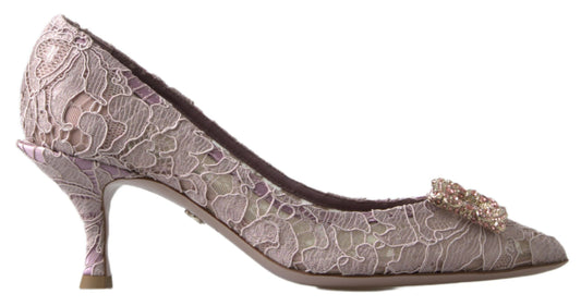 Dolce &amp; Gabbana Pink Floral Lace DG Crystal Pumps Shoes