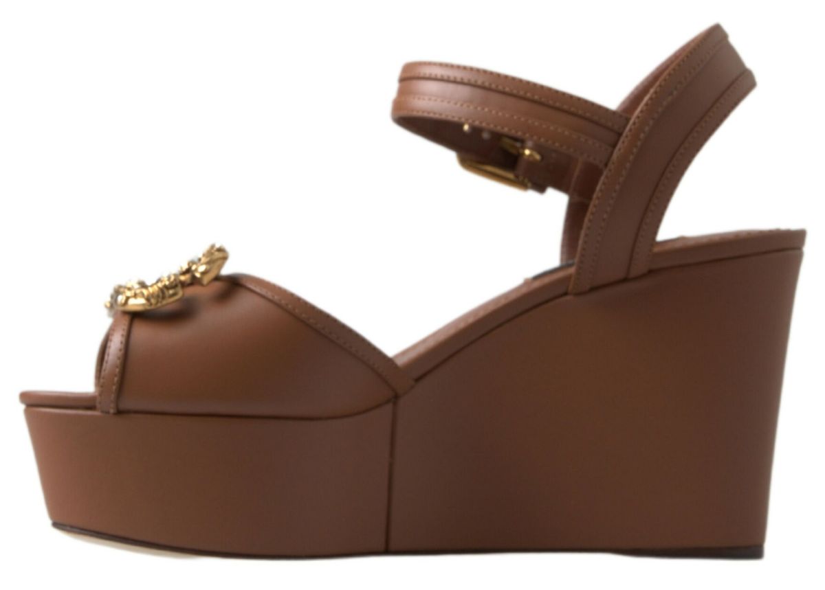 Dolce &amp; Gabbana Brown Leather AMORE Wedges Sandals Shoes
