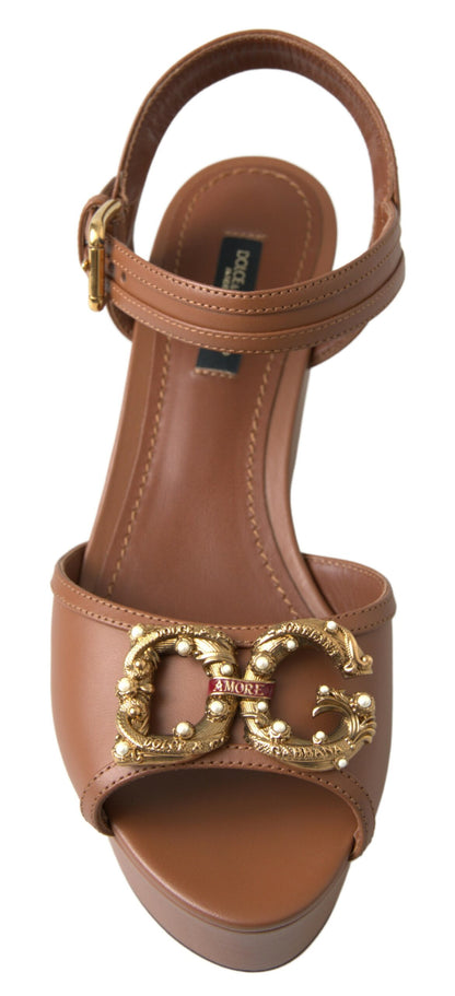 Dolce &amp; Gabbana Brown Leather AMORE Wedges Sandals Shoes
