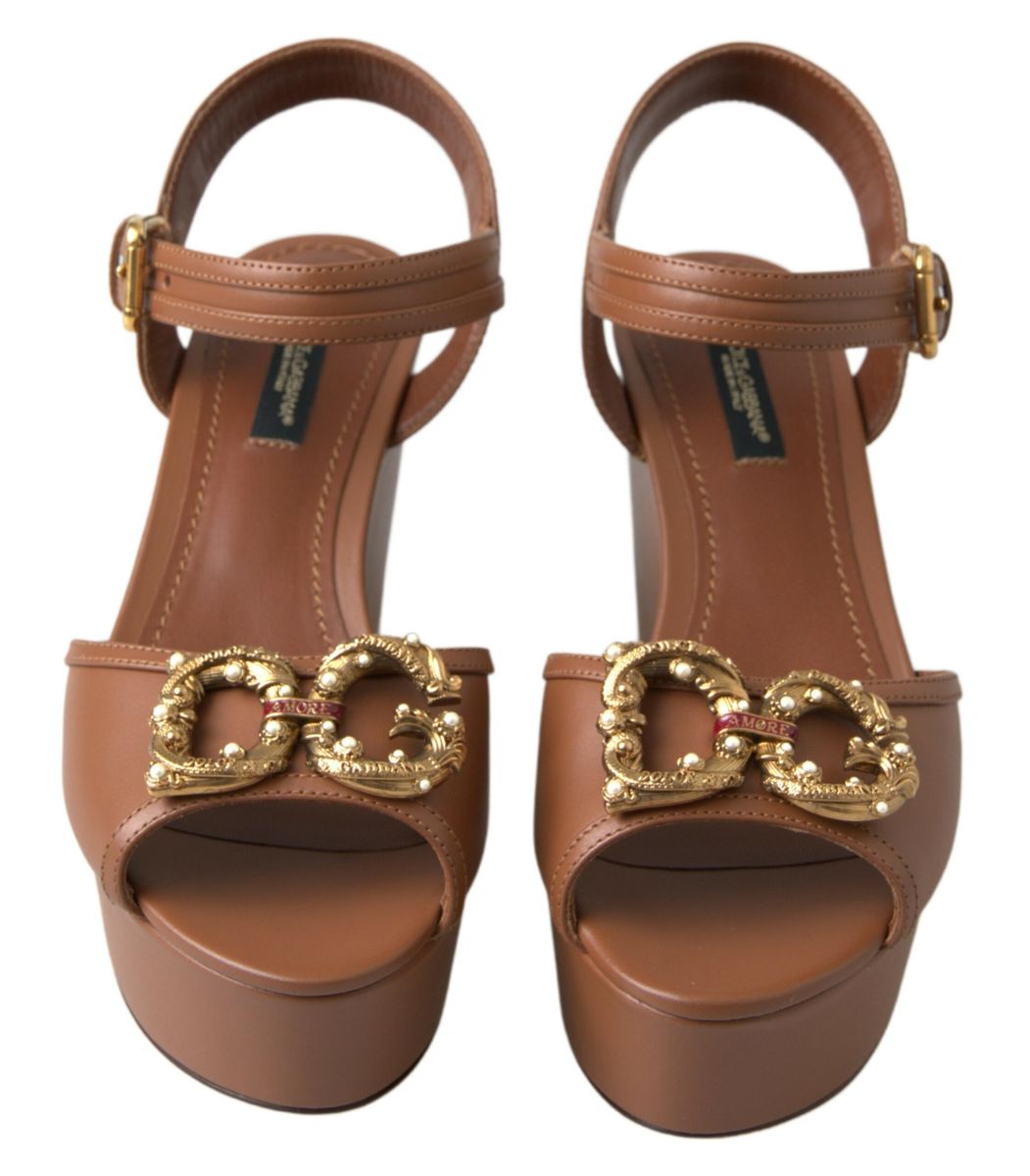 Dolce &amp; Gabbana Brown Leather AMORE Wedges Sandals Shoes