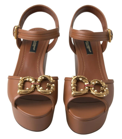 Dolce &amp; Gabbana Brown Leather AMORE Wedges Sandals Shoes